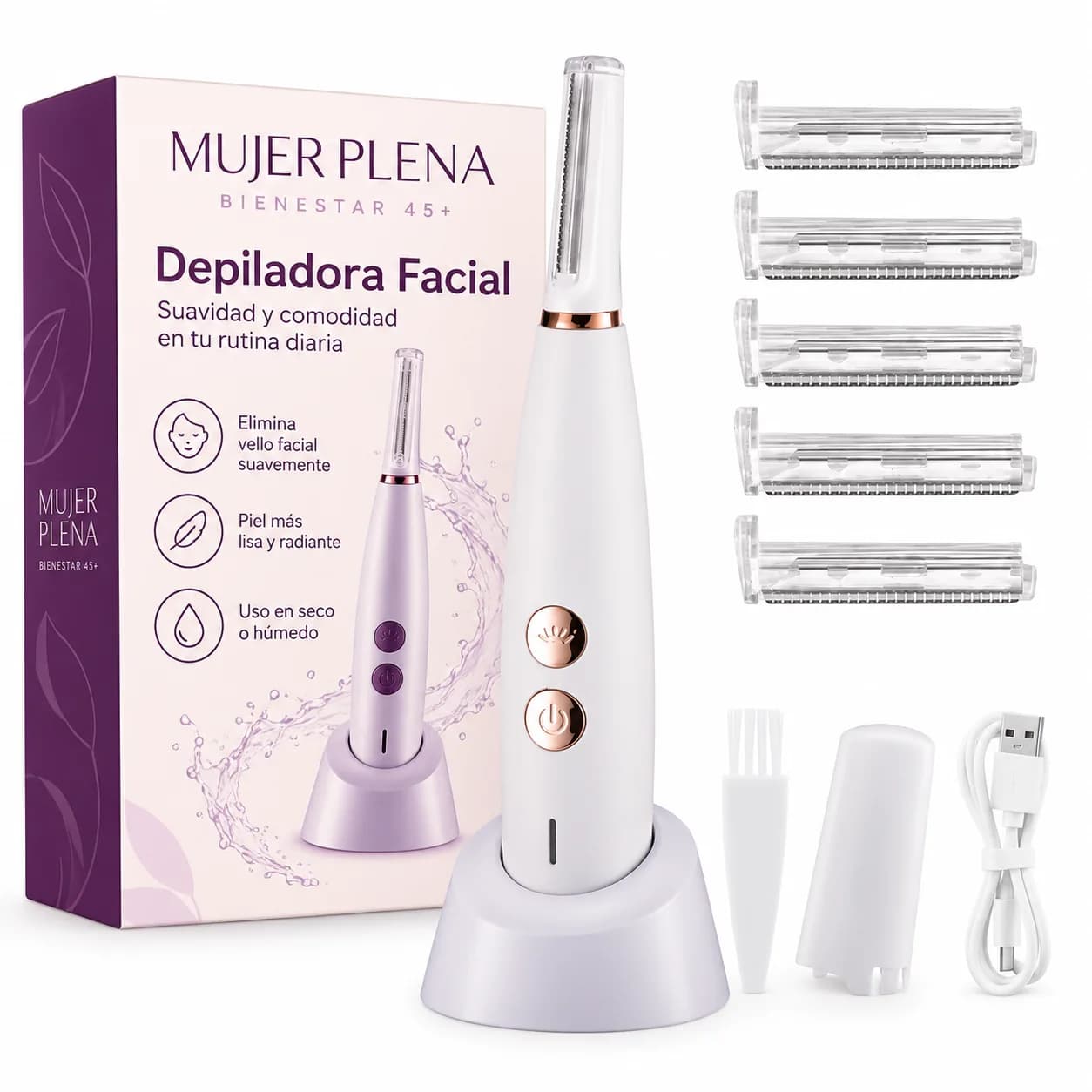 Dermaplaning Sónico lavanda con su caja Mujer Plena, base de carga, 5 cabezales de repuesto, tapa, cepillo y cable