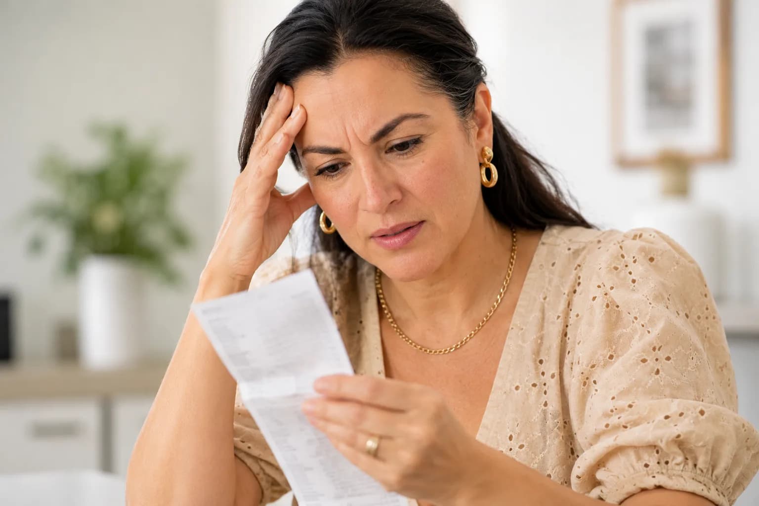 Olivia revisando preocupada el recibo de la cosmetóloga
