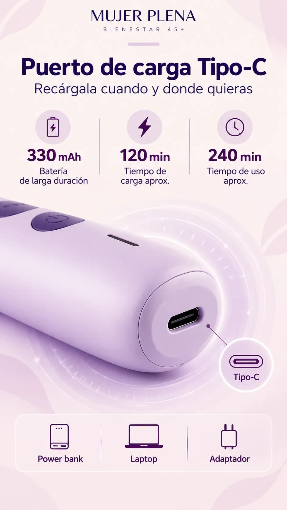 Carga USB-C: 330 mAh, unos 120 minutos de carga y 240 de uso
