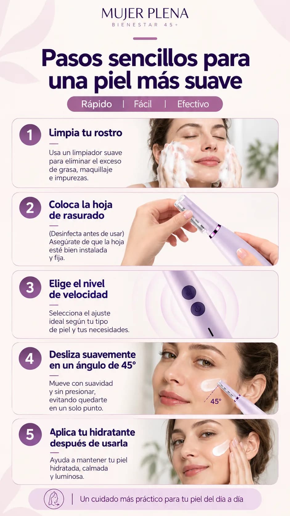 Cómo se usa en 5 pasos: limpia, coloca el cabezal, elige la velocidad, desliza a 45° e hidrata