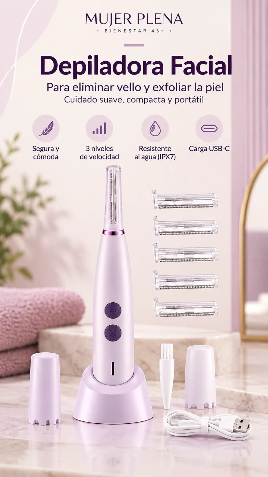Un solo aparato para retirar el vello fino y exfoliar: dispositivo, base, 5 cabezales de repuesto, cepillo y tapa
