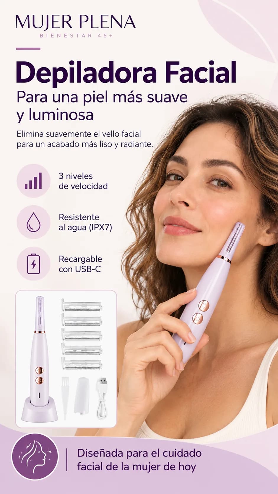 Mujer usando el Dermaplaning Sónico en la mejilla: 3 velocidades, resistente al agua y recargable