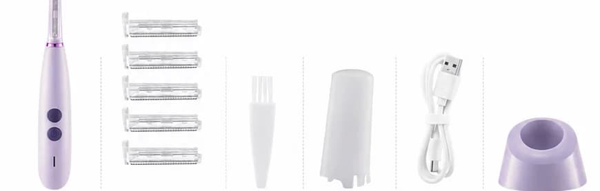 Contenido de la caja: dispositivo, 5 cabezales de repuesto, cepillo, tapa, cable USB-C y base